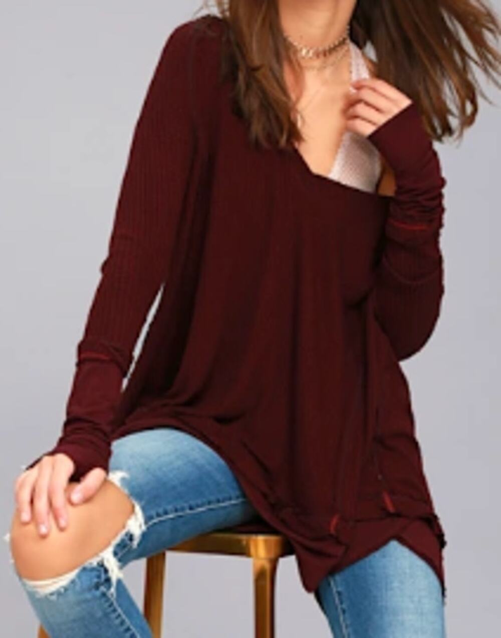 Free People We the Free Laguna Maroon Waffle Knit Top sz S
